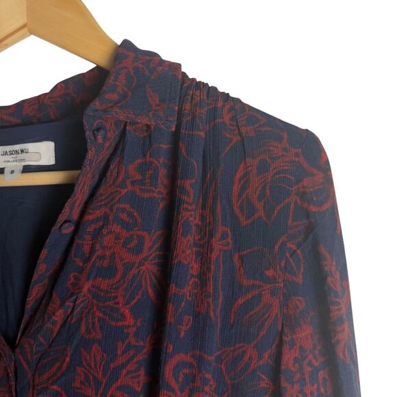 Jason Wu Navy Red Floral Print Tie Neck Long Sleeve Midi Shirt Dress Size 8 - Picture 9 of 16